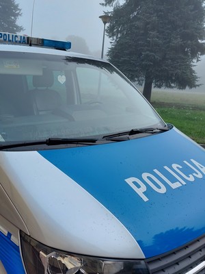 Na zdjęciu oznakowany radiowóz policyjny. Na masce napis policja, a na dachu zamontowane sygnały świetlne. W tle widać drzewo iglaste. Pogoda jest jesienna, panuje mgła.