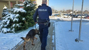 Wspólny patrol przewodnika z psem. Na ziemi leży śnieg, w oddali widać żółty budynek oraz drzewa iglaste obsypane śniegiem.