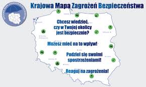 Na zdjęciu obrazek przedstawiający mapę Polski. Na niej pozaznaczane niebieskie punkty sugerujące, że istnieją tam zagrożenia. Nad obrazkiem niebieski napis o treści Krajowa Mapa Zagrożeń Bezpieczeństwa.