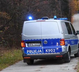 Oznakowany radiowóz policyjny jadący drogą w kierunku lasu.