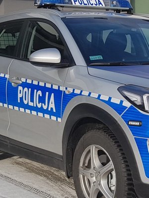 Radiowóz oznakowany stojący na drodze. Droga jest przysypana śniegiem.