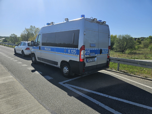 Umundurowani policjanci kontrolujący pojazdy na drodze.