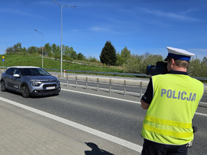Umundurowani policjanci kontrolujący pojazdy na drodze.