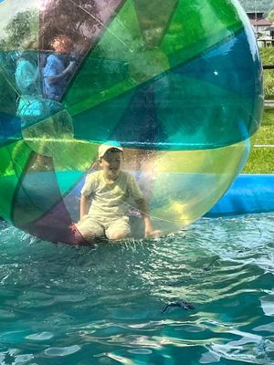 Zdjęcia zrobione podczas pikniku. Na fotografiach widać atrakcje, zjeżdżalnie, trampoliny oraz inne zabawy dla najmłodszych. Widać również uczestników pikniku.