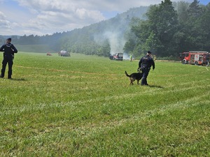 Policjanci oraz strażacy uczestniczący w ćwiczeniach w Rudawce Rymanowskiej.