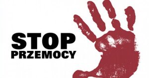 Plakat zawierający dłoń w kolorze czerwonym. Obok dłoni napis Stop przemocy domowej.