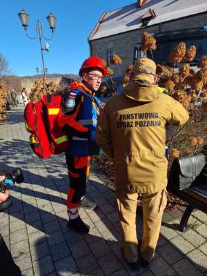 Współdziałanie służb w związku z ćwiczeniami, które odbywały się na terenie Zamku Królewskiego w Sanoku. Widać samochody straży pożarnej, policji, pogotowia ratunkowego oraz funkcjonariuszy realizujących zadania własne oraz wspólne.