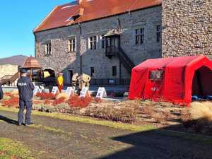 Współdziałanie służb w związku z ćwiczeniami, które odbywały się na terenie Zamku Królewskiego w Sanoku. Widać samochody straży pożarnej, policji, pogotowia ratunkowego oraz funkcjonariuszy realizujących zadania własne oraz wspólne.