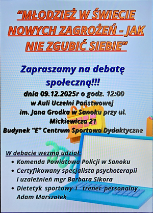 Plakat informacyjny dotyczący organizacji debaty społecznej  na temat bezpieczeństwa dzieci i młodzieży