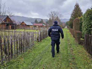 Na zdjęciu widać umundurowanego policjanta, który patroluje teren ogródków działkowych. W tle altany i domku letniskowe.