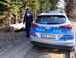Na zdjęciu w centralnej części znajduje się oznakowany radiowóz. Radiowóz znajduje się na drodze leśnej. Obok radiowozu stoi umundurowany policjant. Po lewej stronie widać drzewa.