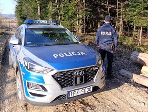 Na zdjęciu w centralnej części znajduje się oznakowany radiowóz. Radiowóz znajduje się na drodze leśnej. Obok radiowozu stoi umundurowany policjant. Po prawej stronie widać drzewa.