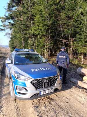 Na zdjęciu w centralnej części znajduje się oznakowany radiowóz. Radiowóz znajduje się na drodze leśnej. Obok radiowozu stoi umundurowany policjant. Po prawej stronie widać drzewa.
