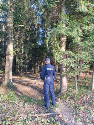 Na zdjęciu w centralnej części znajduje się umundurowany policjant. W tle stronie widać drzewa.