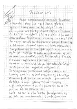 Na zdjęciu treść listu, który napisała kobieta w podziękowaniu za odzyskanie skradzionego portfela.