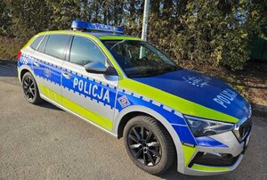 Na zdjęciu oznakowany radiowóz stojący na tle drzewa.